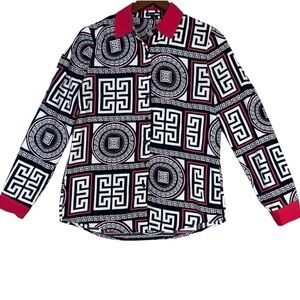 Fashion Nova Woman’s Black, White, Red Geometric Button Up Dress Shirt